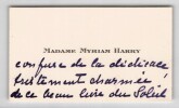 Myriam Harry - Carte de visite autographe de remerciement avec paraphe. Myriam Harry