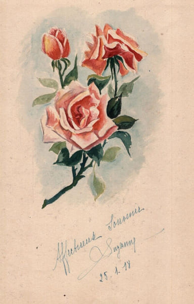 Aquarelle de roses sign&eacute;e Suzanne – 1918. Suzanne