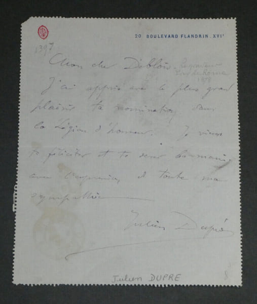 Julien DUPR&Eacute; - LETTRE AUTOGRAPHE SIGN&Eacute;E &agrave; Charles Th&eacute;odore DEBLOIS - 1903. Julien DUPR&Eacute;