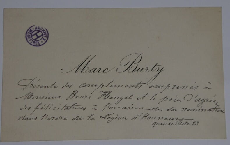 BURTY Marc - CARTE DE VISITE, ANNOTATIONS MANUSCRITES &Agrave; Henri HEUGEL, PARIS.. Marc Burty