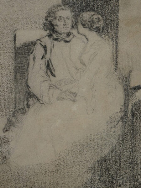 Dessin au crayon - Sc&egrave;ne d'int&eacute;rieur : Femmes en &eacute;change complice, XIX &egrave;me.. Anonyme
