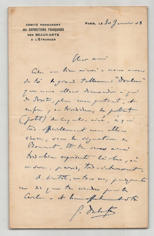 Guillaume Dubufe - Lettre autographe sign&eacute;e - Expositions des Beaux-Arts - 1908. Guillaume Dubufe