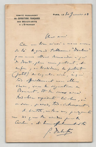 Guillaume Dubufe - Lettre autographe sign&eacute;e - Expositions des Beaux-Arts - 1908. Guillaume Dubufe