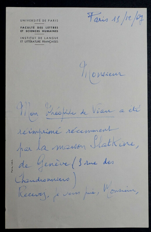 Antoine ADAM - LETTRE AUTOGRAPHE SIGN&Eacute;E - THEOPHILE DE VIAU - PARIS - 1967. Antoine ADAM