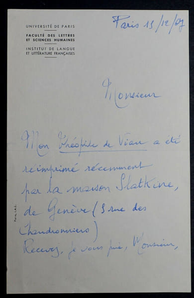 Antoine ADAM - LETTRE AUTOGRAPHE SIGN&Eacute;E - THEOPHILE DE VIAU - PARIS - 1967. Antoine ADAM