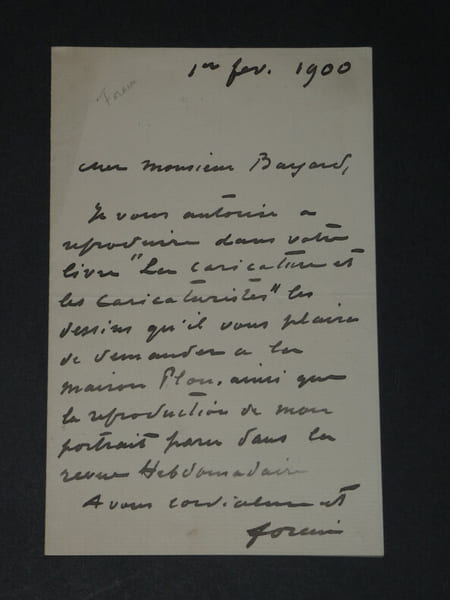 Jean-Louis Forain - Lettre autographe sign&eacute;e &agrave; &Eacute;. Bayard &agrave; propos de son ouvrage [La caricature et les caricaturistes]. Jean-Louis FORAIN