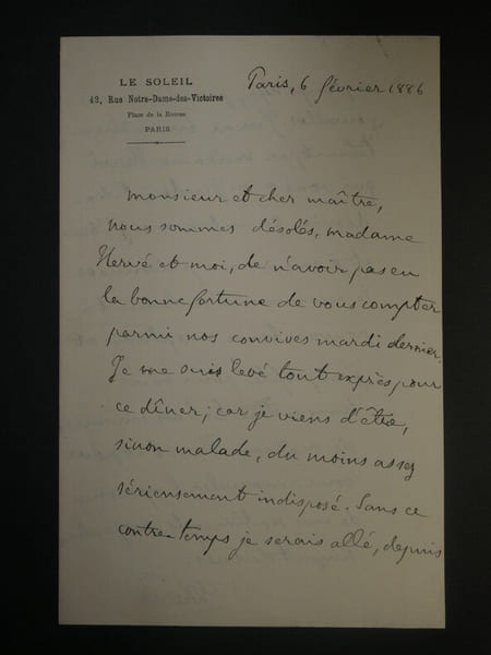 Edouard HERV&Eacute; - Lettre autographe sign&eacute;e "sinon malade, indispos&eacute;" - 1886 - 2 pages. Edouard HERV&Eacute;