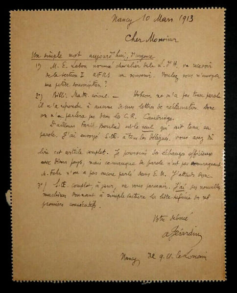 Andr&eacute; G&Eacute;RARDIN - LETTRE AUTOGRAPHE SIGN&Eacute;E A Charles-Ange LAISANT, 1913. Andr&eacute; G&Eacute;RARDIN