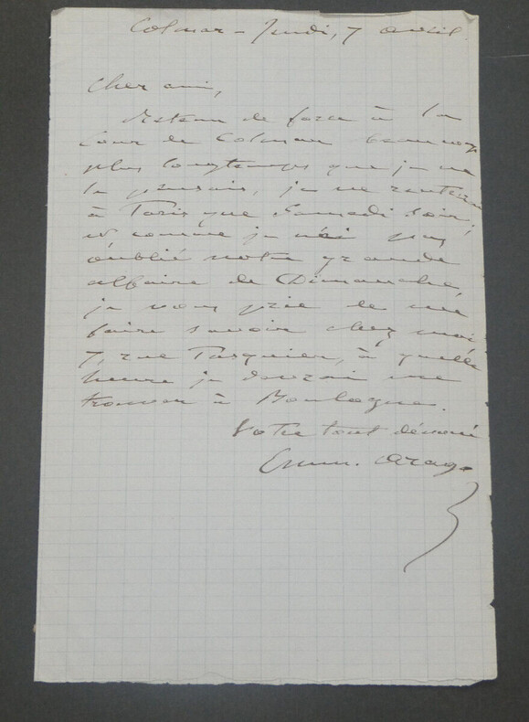 &Eacute;tienne ARAGO, dramaturge - LETTRE AUTOGRAPHE SIGN&Eacute;E, Colmar. &Eacute;tienne ARAGO
