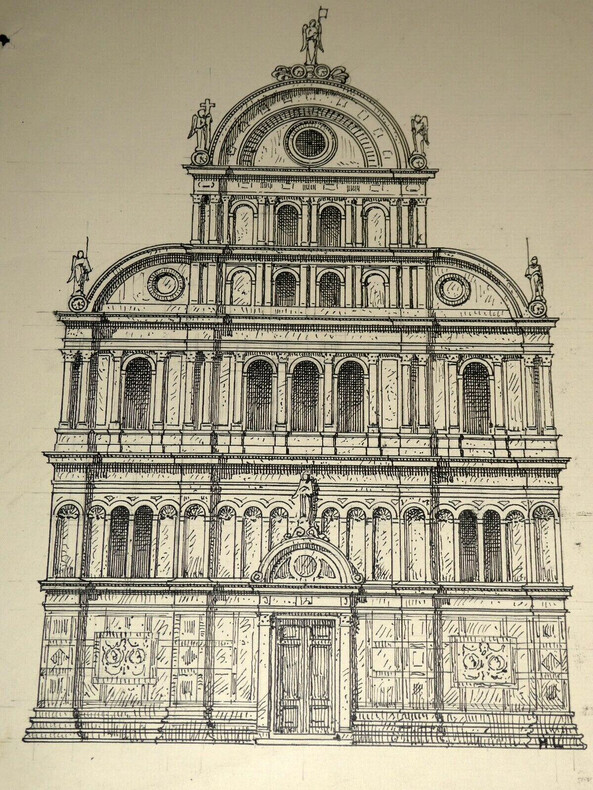 Dessin original sign&eacute; - Eglise San-Zacharie &agrave; Venise - Encre vers 1930. Louis Henri Laffill&eacute;e
