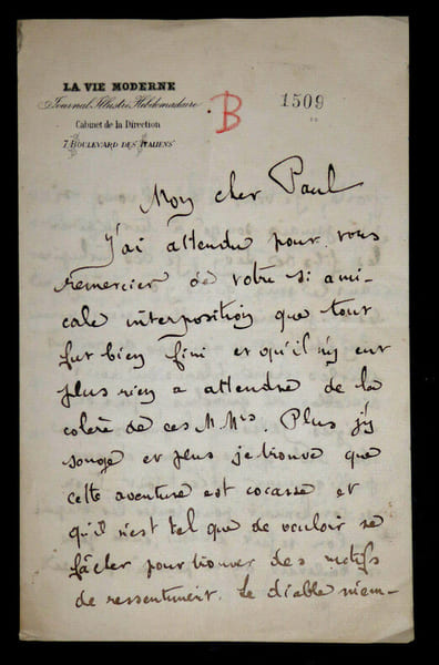 EMILE BERGERAT LETTRE AUTOGRAPHE SIGNEE ADRESSEE A PAUL [DEROULEDE]. Emile Bergerat