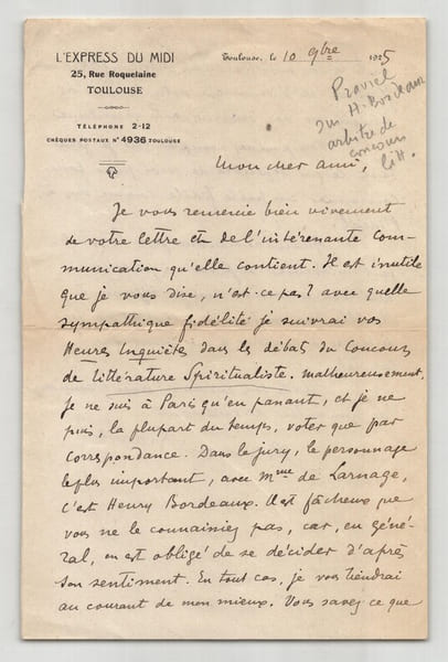 Armand Praviel - Lettre autographe sign&eacute;e - Concours de Litt&eacute;rature - 1925. Armand Praviel