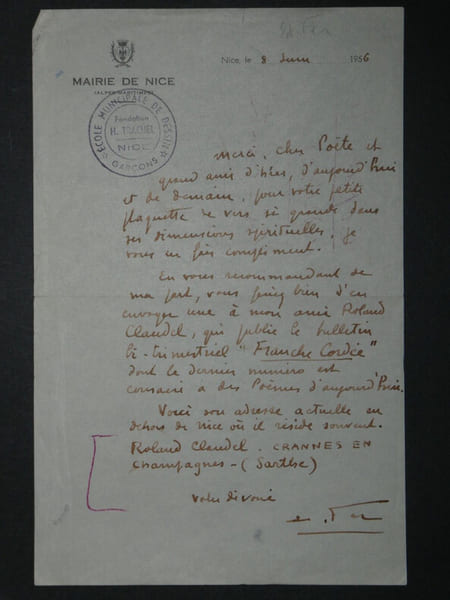 &Eacute;douard FER - LETTRE AUTOGRAPHE SIGN&Eacute;E de remerciement, de 1956 &agrave; Nice. &Eacute;douard Fer