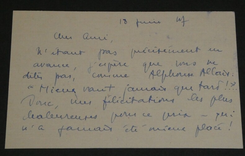 Marie GEVERS Carte autographe sign&eacute;e 1947 1 page "Mieux vaut jamais que tard". Marie GEVERS