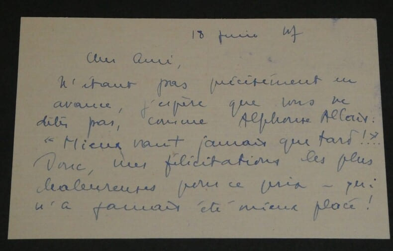 Marie GEVERS Carte autographe sign&eacute;e 1947 1 page "Mieux vaut jamais que tard". Marie GEVERS