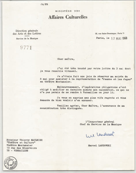 Marcel Landowski - Lettre tapuscrit autographe sign&eacute;e &agrave; Thierry Maulnier - 1968. Marcel Landowski