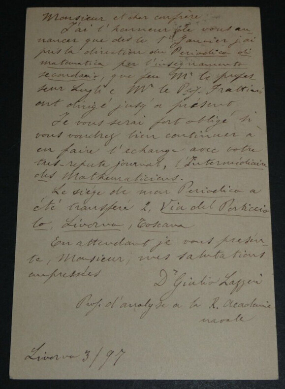 Giulio LAZZERI, Math&eacute;maticien - LETTRE AUTOGRAPHE SIGN&Eacute;E A C.A. LAISANT, 1897. Giulio LAZZERI