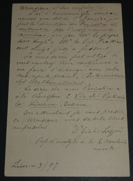 Giulio LAZZERI, Math&eacute;maticien - LETTRE AUTOGRAPHE SIGN&Eacute;E A C.A. LAISANT, 1897. Giulio LAZZERI