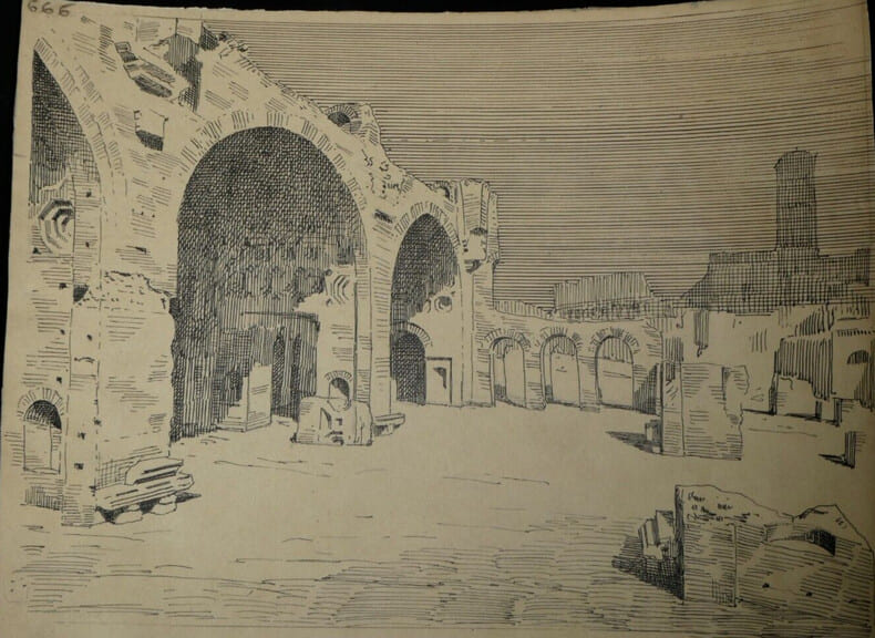 Dessin original sign&eacute; - La basilique de Constantin &agrave; Rome. Louis Henri Laffill&eacute;e