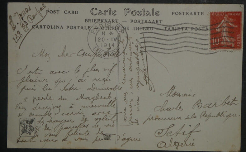 Lucien JONAS - CARTE POSTALE AUTOGRAPHE SIGN&Eacute;E &agrave; Charles BARBET, 1914. Lucien JONAS
