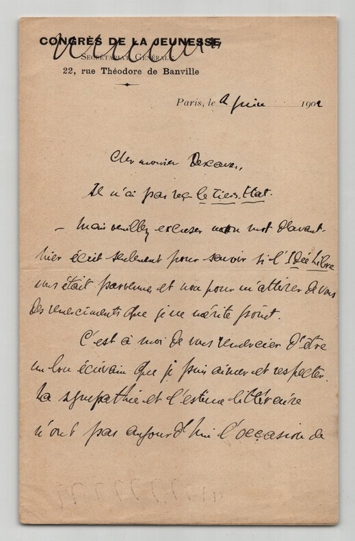 Eug&egrave;ne Montfort - Lettre autographe sign&eacute;e &agrave; Mr Descaves - 1902. Eug&egrave;ne Montfort
