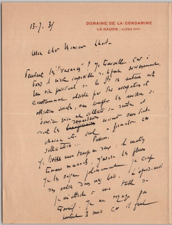 DENYS AMIEL &Eacute;crivain LETTRE AUTOGRAPHE SIGN&Eacute;E &Agrave; Pierre Lhoste, La Gaude 1931. DENYS AMIEL