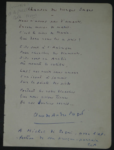 Claude Andr&eacute; PUGET - LETTRE AUTOGRAPHE SIGN&Eacute;E, chanson des vierges sages. Claude Andr&eacute; PUGET