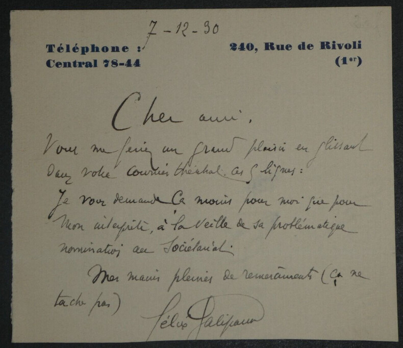 F&eacute;lix GALIPAUX - Carte Lettre Autographe Sign&eacute;e "courrier th&eacute;&acirc;tral" 1930. F&eacute;lix Galipaux