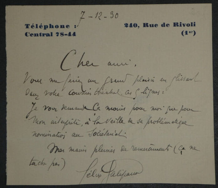 F&eacute;lix GALIPAUX - Carte Lettre Autographe Sign&eacute;e "courrier th&eacute;&acirc;tral" 1930. F&eacute;lix Galipaux