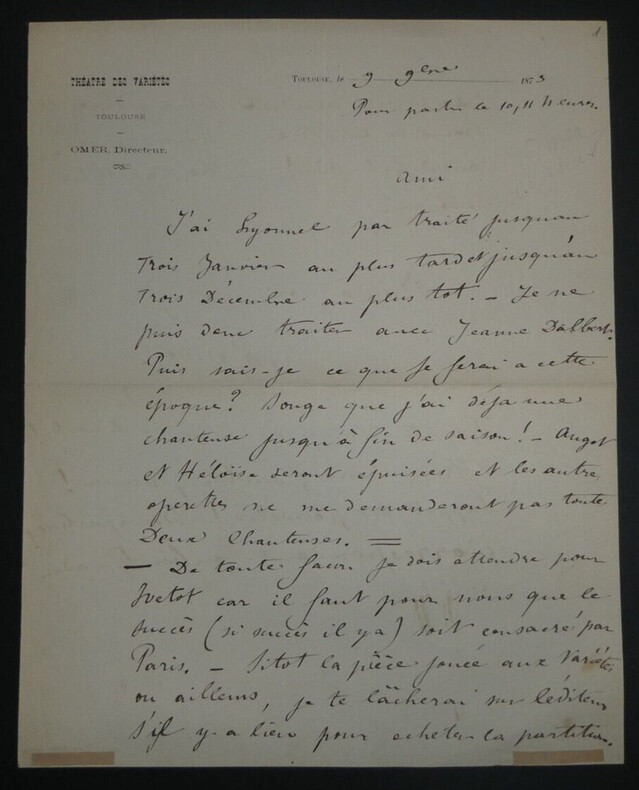 Omer Th&eacute;ophile PENOT - Lettre autographe sign&eacute;e - Th&eacute;&acirc;tre des Vari&eacute;t&eacute;s - 1873 - 2 pages. Omer Th&eacute;ophile PENOT