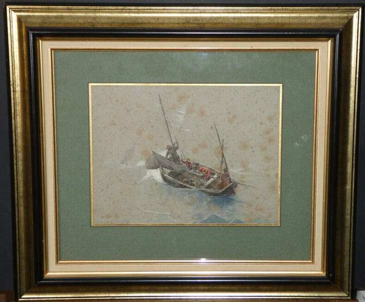 Aquarelle encadr&eacute;e - P&ecirc;che - Georges Jean-Marie HAQUETTE. Georges Jean-Marie HAQUETTE