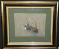 Aquarelle encadr&eacute;e - P&ecirc;che - Georges Jean-Marie HAQUETTE. Georges Jean-Marie HAQUETTE