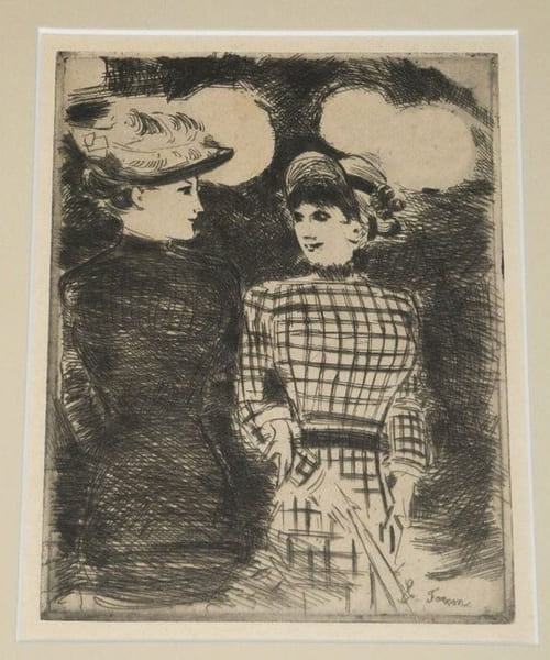 Jean Louis Forain - Gravure sign&eacute;e dans la planche - Deux femmes &agrave; Bullier. Jean-Louis Forain