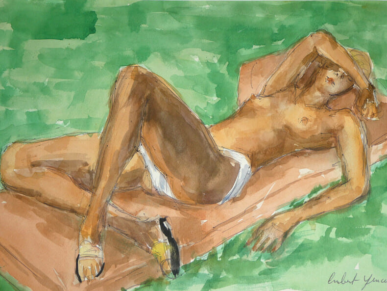 Dessin original sign&eacute;, aquarell&eacute;, Femme nue, sieste estivale, 1961. Hubert YENCESSE