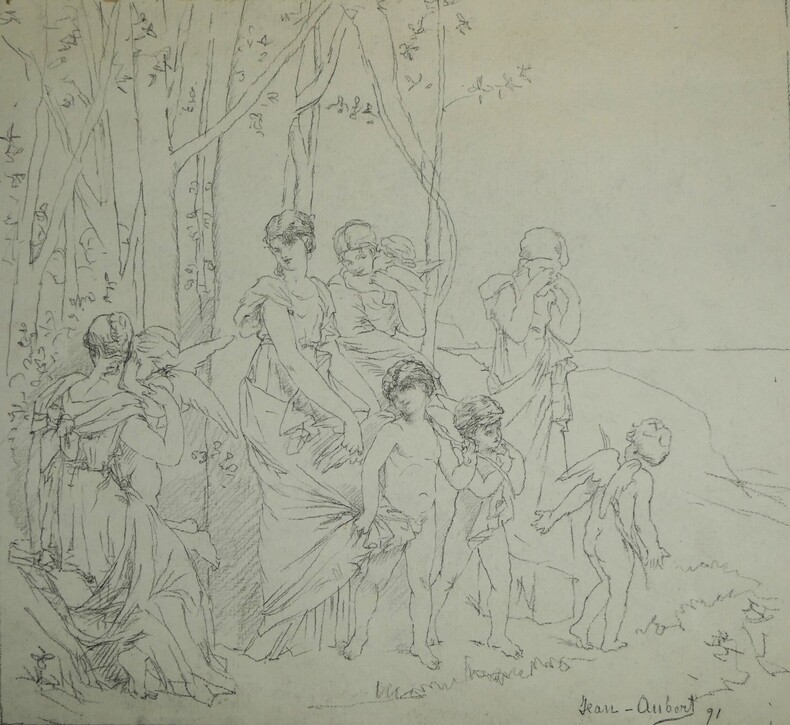Jean-Ernest Aubert. Dessin au crayon noir sign&eacute;, figures f&eacute;minines et enfants, 1891. Jean-Ernest Aubert