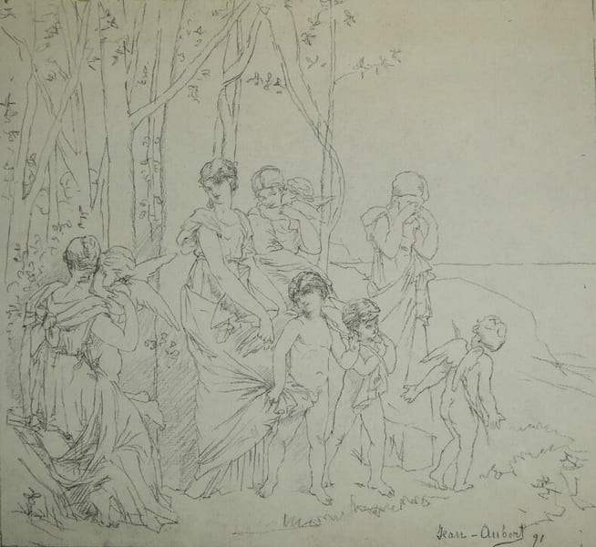Jean-Ernest Aubert. Dessin au crayon noir sign&eacute;, figures f&eacute;minines et enfants, 1891. Jean-Ernest Aubert