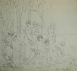 Jean-Ernest Aubert. Dessin au crayon noir sign&eacute;, figures f&eacute;minines et enfants, 1891. Jean-Ernest Aubert