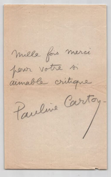 Pauline Carton - Billet autographe sign&eacute; – Remerciement &agrave; un critique - 1950. Pauline Carton