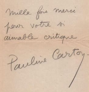 Pauline Carton - Billet autographe signé – Remerciement à un critique - 1950
