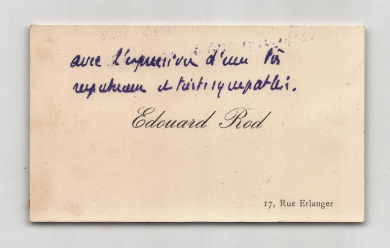 &Eacute;douard Rod - Carte de visite autographe. &Eacute;douard Rod