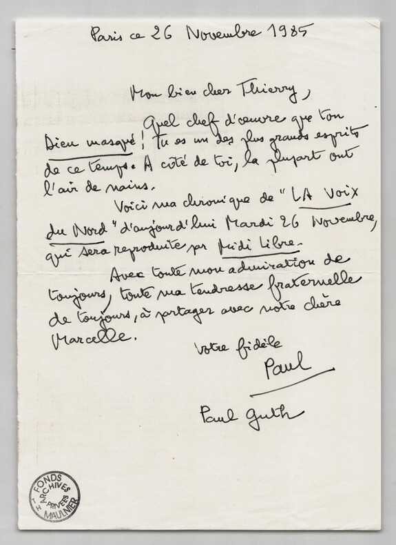 Paul Guth - Lettre autographe sign&eacute;e &agrave; Thierry Maulnier - 1985. Paul Guth
