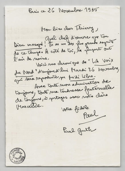 Paul Guth - Lettre autographe sign&eacute;e &agrave; Thierry Maulnier - 1985. Paul Guth