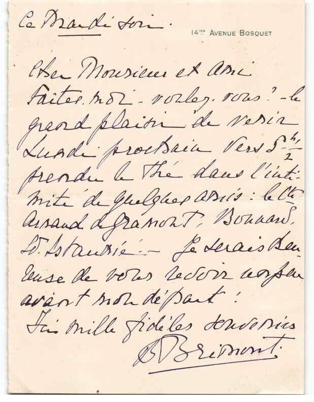Ren&eacute;e de Brimont - lettre autographe sign&eacute;e d'invitation, 1 page, Paris, Bosquet. Ren&eacute;e de Brimont