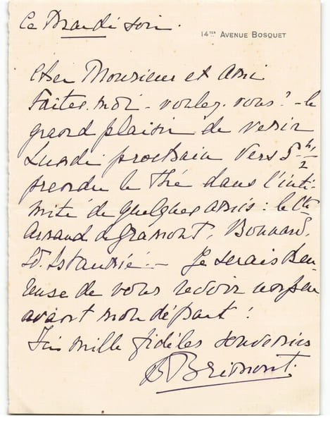Ren&eacute;e de Brimont - lettre autographe sign&eacute;e d'invitation, 1 page, Paris, Bosquet. Ren&eacute;e de Brimont