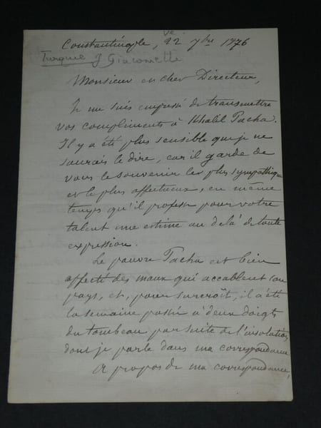 Georges Giacometti, Lettre autographe sign&eacute;e Constantinople, 1876  Ch&eacute;rif Pacha. Georges Giacometti