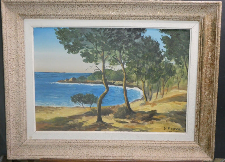 Gouache encadr&eacute;e et sign&eacute;e - Robert Mogisse - Paysage bord de mer. Robert Mogisse