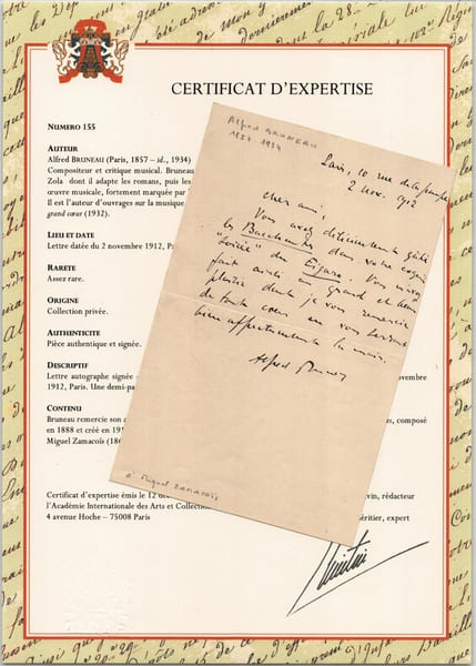 Alfred Bruneau - Lettre autographe sign&eacute;e &agrave; Miguel Zamaco&iuml;s Les Bacchantes 1912. Alfred Bruneau