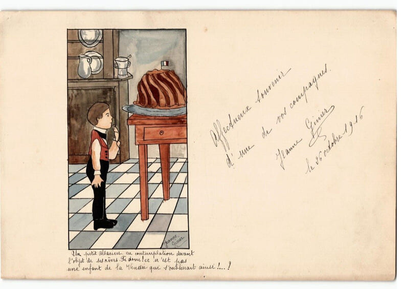 Aquarelle, petit alsacien qui salive pour un kougelhof par Jeanne Ginier 1916. Jeanne Ginier