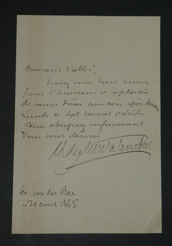 Charles de MONTALEMBERT - LETTRE AUTOGRAPHE SIGN&Eacute;E, 19 [ao&ucirc;t] 1865. Charles de MONTALEMBERT