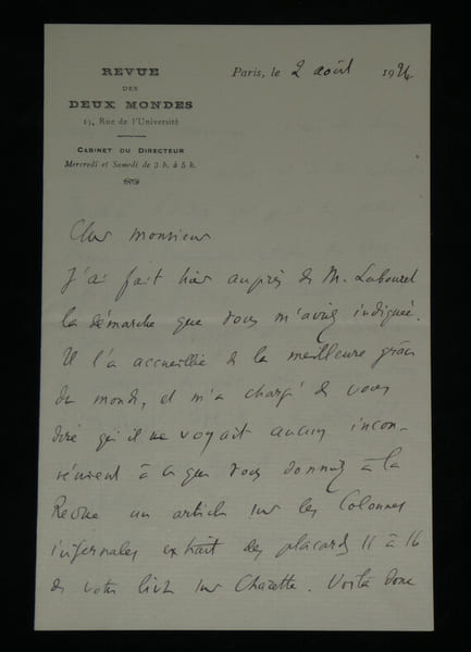 Ren&eacute; Doumic - Lettre autographe sign&eacute;e "Les Colonnes Infernales" - 1924. Ren&eacute; Doumic